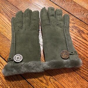 UGG Olive Suede Women’s Gloves with Fur Trim